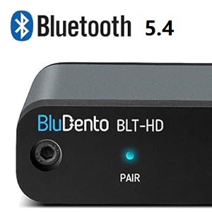 Text reads 'Bluetooth 5.4' and 'BluDento BLT-HD'. Black electronic device with blue LED indicator light and minimalist design.