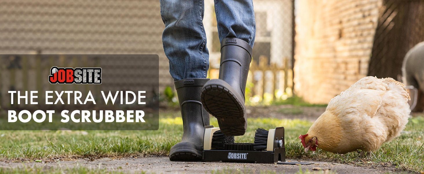 A person scrubs mud off their rain boots next to a chicken grazing. Text reads "extra wide scrubber"