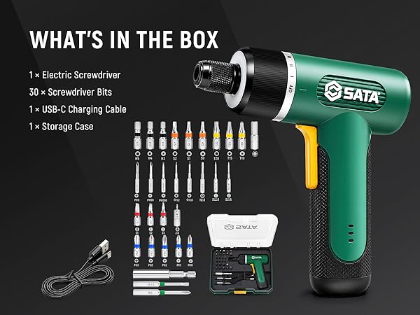 Electric screwdriver kit with USB-C charging cable and driver bits