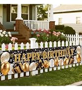 Owishnora Black Gold Happy Birthday Banner, Black Birthday Party Decoration, Indoor Outdoor Use, ...
