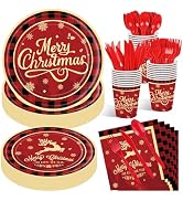 175 Pcs Merry Christmas Party Supplies Set - Serves 25, Festive Red and Black Plaid Disposable Ta...