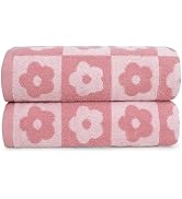 Jacquotha 2-Pieces Luxury Bath Towels Checkered Floral, Pink Shower Towel for Women Girls 27.5x55...