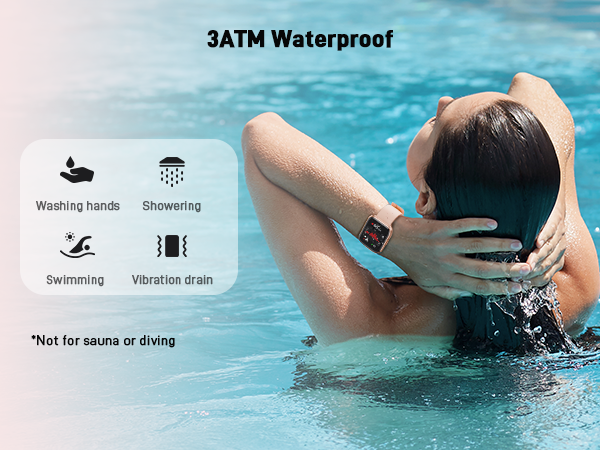 Waterproof smartwatch advertised as 3ATM resistant, suitable for swimming, showering, and hand washing. Image shows person wearing device while swimming. Not for sauna or diving use.