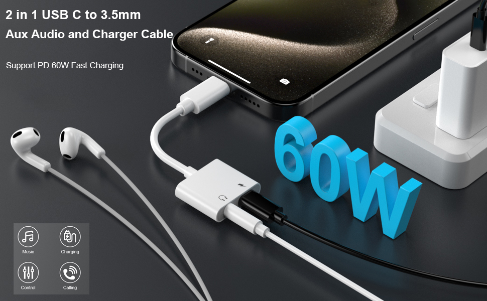 USB C to 3.5mm Headphone and Charger Adapter