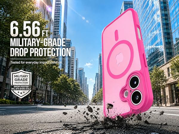 Text reads '6.5G MILITARY-GRADE DROP PROTECTION'. Bright pink protective phone case with circular design elements against urban background.