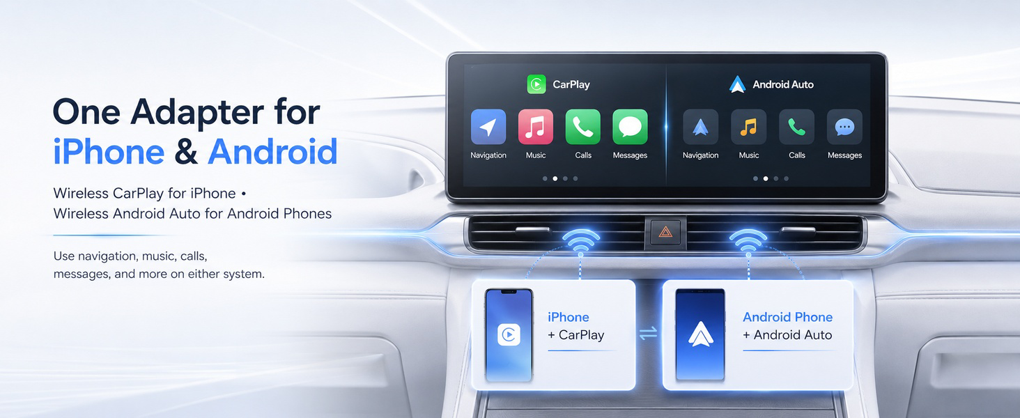 Adapter supports both wireless CarPlay for iPhone and Android Auto for Android phones.