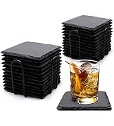 24 PCS Square Slate Drink Coasters Set, SIJDIEE 4 Inch Laser Engraving Black Slate Stone Coasters...