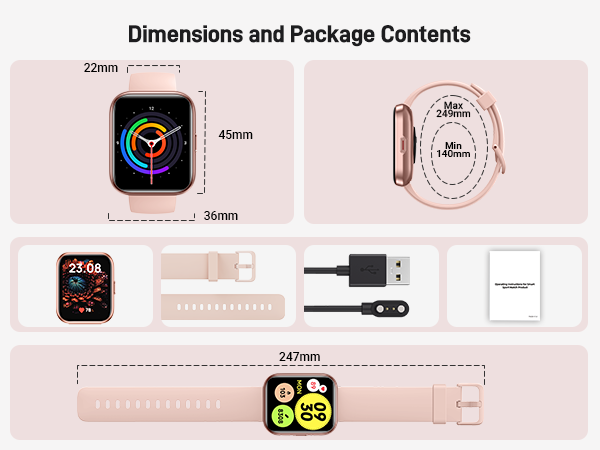 Smartwatch dimensions and package contents. Display measures 45x36mm. Includes watch, strap (247mm), charging cable, and manual. Watch face shows colorful activity rings.