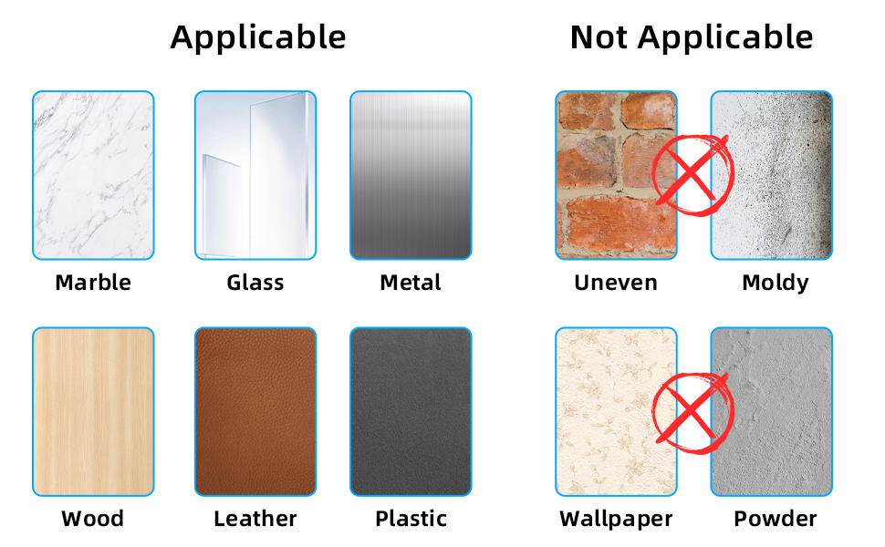 Material selection chart showing applicable surfaces: marble, glass, metal, wood, leather, plastic. Not applicable: uneven and moldy surfaces, wallpaper, powder.