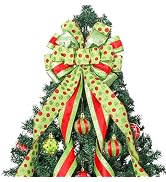 Christmas Tree Topper Wreath Bow Large Green Christmas Bow Tree Topper with Red Green Dot Pattern...