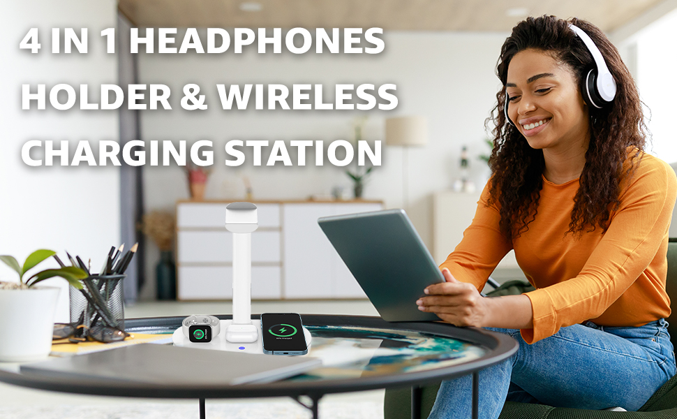 4 in 1 headphones holder and wireless charging station, headset stand headset stand for desk