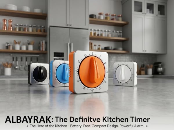 Four colorful ALBAYRAK mechanical kitchen timers lined up on a modern concrete countertop.