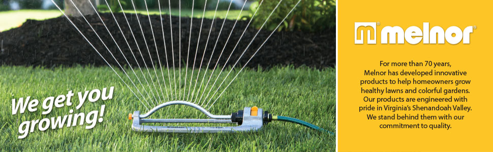 Melnor sprinkler watering grass, "We get you growing!", yellow box with brief history of Melnor.