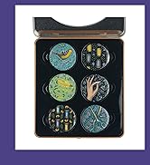 Display of decorative round pins or buttons with artistic designs featuring nature and whimsical illustrations in blue, gold, and black colors.
