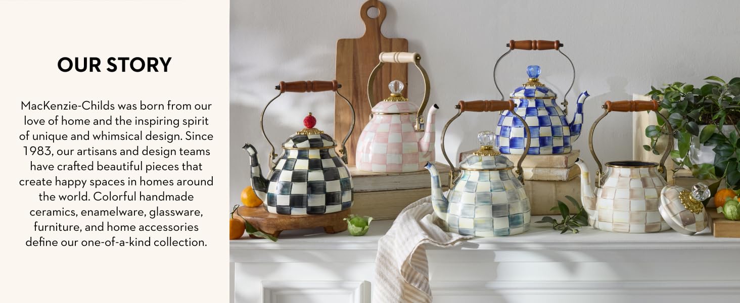 MacKenzie-Childs brand story with five tea kettles in top check patterns.