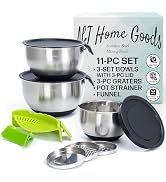 NJ Home Goods Stainless Steel Mixing Bowl Set of 3 Bowls with Handle, Non-Slip Base, Pour Spout, ...