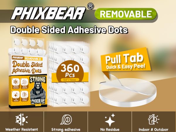 PHIXBEAR Removable Double Sided Adhesive Dots with Pull Tab Quick & Easy Peel
