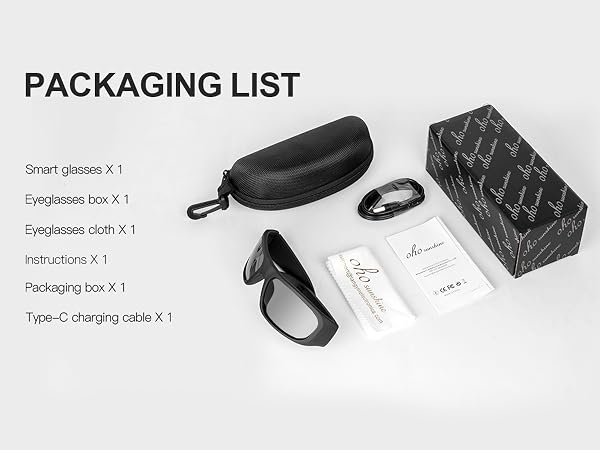 Product packaging contents displaying smart glasses accessories including carrying case, cleaning cloth, charging cable, and instruction manual on white background.