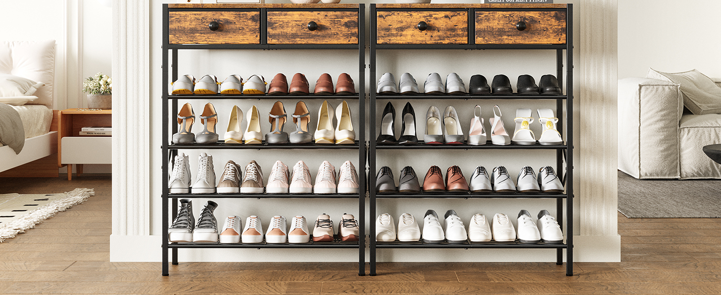 5 Tier Shoe Rack for Entryway, Shoe Storage Organizer with 2 Drawers, Metal Shoe Shelf