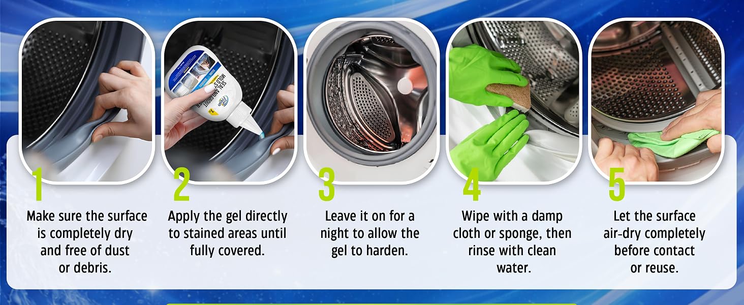 Step-by-step guide showing the application and cleaning process with True Fresh Mold Stain Remover.