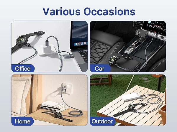 Multi-panel image showing a versatile charging cable in various settings: office desk with laptop, car interior, home wall outlet, and outdoor table, demonstrating its adaptability for different charging scenarios.