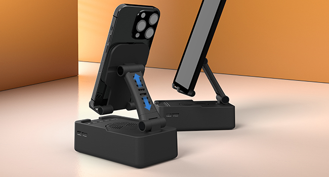 The phone holder speaker has a retractable feature