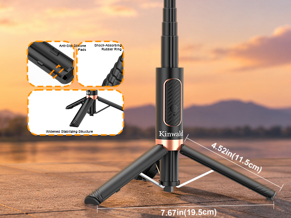 Selfie stick tripod with widened stable base and anti-slip feet