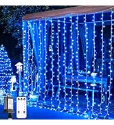 JMEXSUSS 300LED Blue Curtain Lights, Christmas Curtain Hanging Lights with Remote, Blue String Li...
