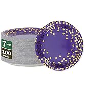 CENLBJ Purple and Gold Paper Plates,7INCH Purple Dessert Party Plates,Purple Foil Polka Dots Pape...