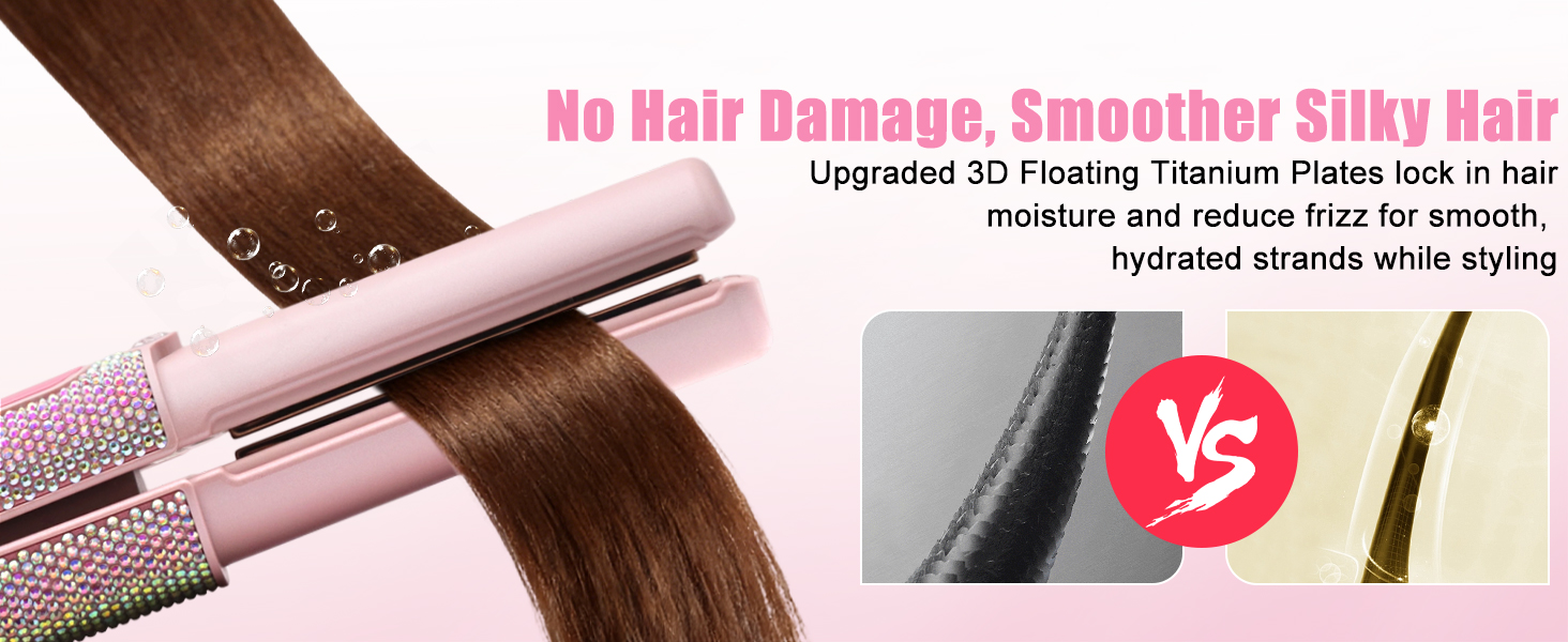 Text reads 'No Hair Damage, Smoother Silky Hair'. Pink-colored hair styling tool shown alongside VS comparison image, featuring floating titanium plates design.