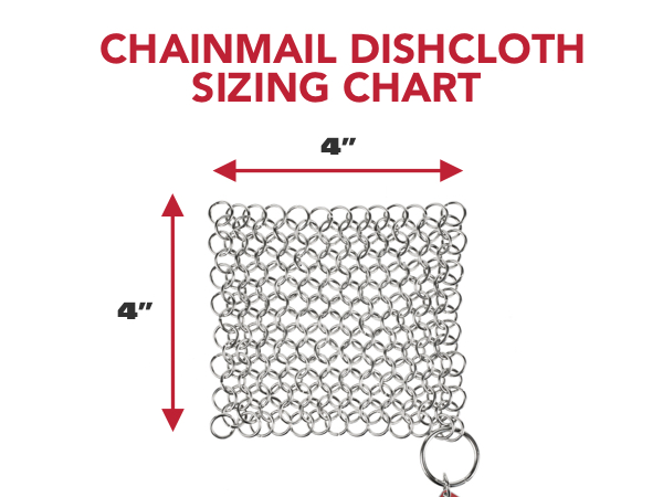 Chainmail Scrubber Sizing Chart for a 4x4 inch stainless steel scrubber with 1.5x11mm rings.