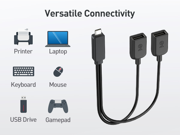 USBC to Dual USB Adapter for Simultaneous Charging and Data – USB 2.0 Y Splitter