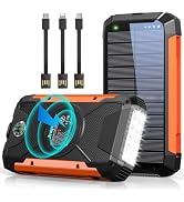 Solar Charger 38600mAh,Solar Power Bank Wireless Portable Charger Built in 3 Cables External Batt...
