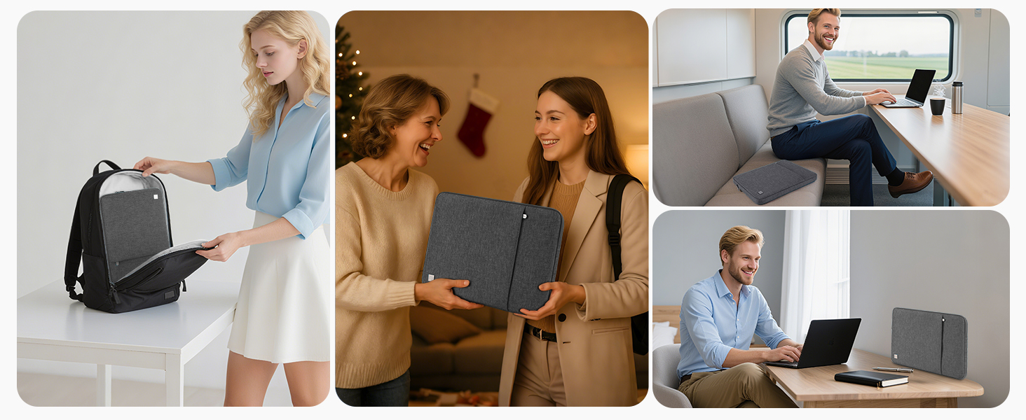 Collage of people in office settings using devices mounted on what appears to be adjustable holders or stands in various configurations.