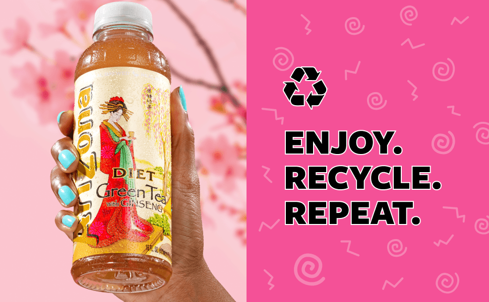 pink background with model holding a AriZona bottle and title on the side Enjoy Recycle Repeat