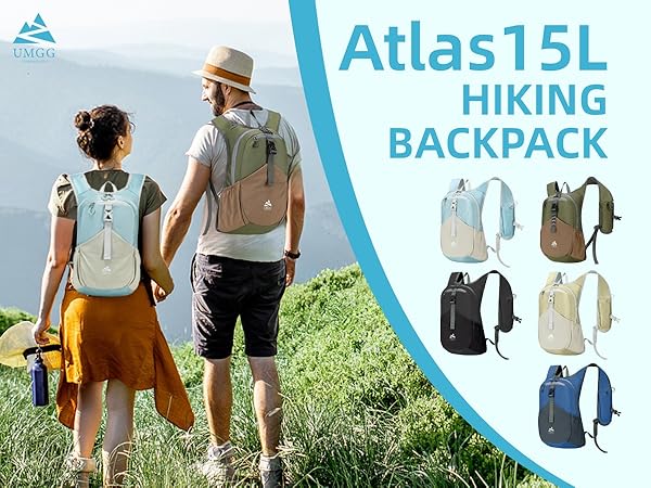 Text reads 'Atlas 15L HIKING BACKPACK'. Marketing collage showing backpack product shots and lifestyle images of hikers in outdoor settings.