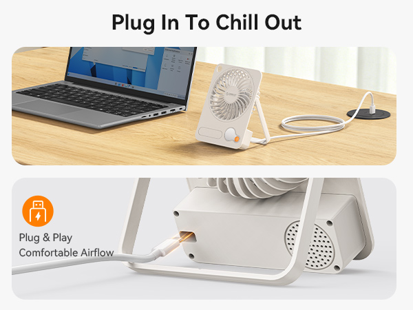 Text reads: 'Plug In To Chill Out' and 'Plug & Play Comfortable Airflow'. Laptop and white portable fan with power cord on wooden desk; fan close-up showing ventilation holes below.