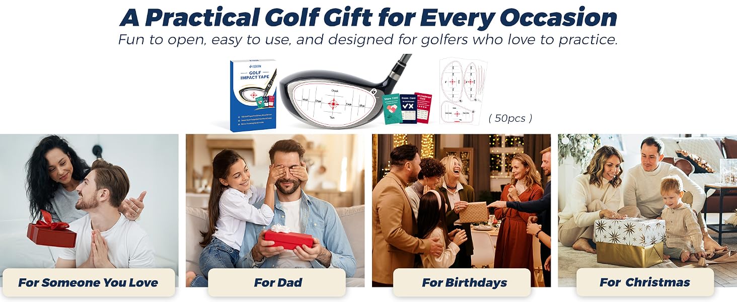 Golf impact tape gift graphic showing a practical golf gift set for multiple occasions