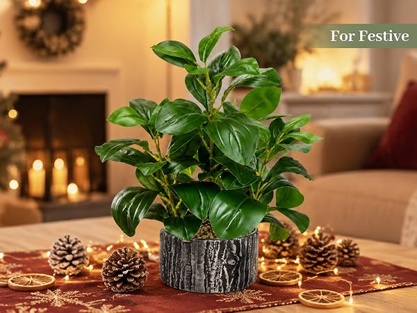 artificial green potted plant festive Christmas coffee table decor