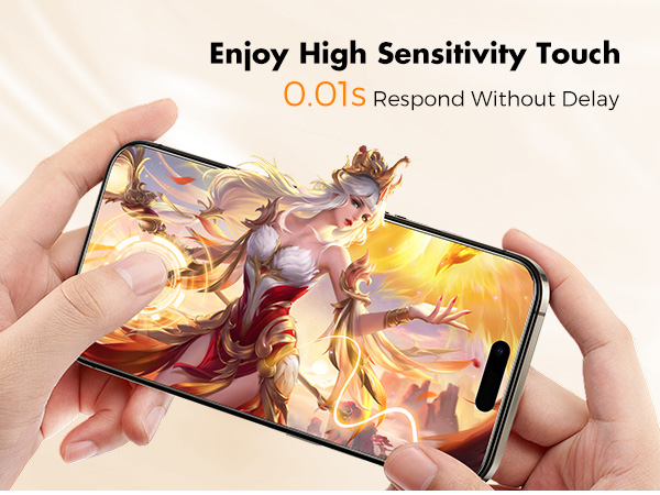 Hands holding smartphone displaying colorful game or application. Text overlay reads 'Enjoy High Sensitivity Touch 0.01s Respond Without Delay'.