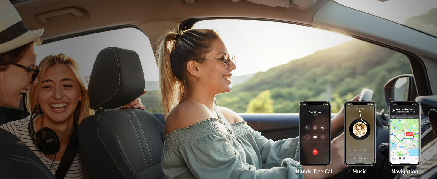 a woman driving a car with a phone in the back window.