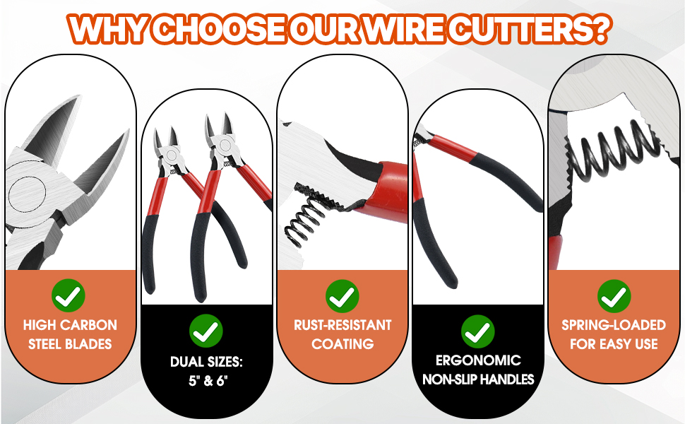 wire cutters, high carbon steel, dual sizes, rust-resistant, non-slip handle, spring loaded