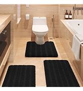 ACCUMTEK Striped Black Bathroom Rug Set 3 Pieces Ultra Soft, Non Slip Chenille Toilet Mat, Absorb...