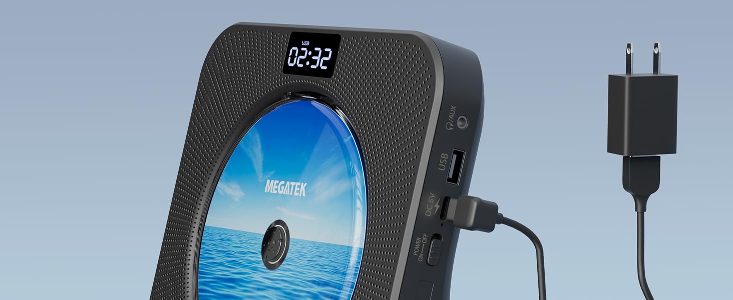 MEGATEK CP28BR Portable CD Player is Powered and Operated with a USB-C Power Adapter