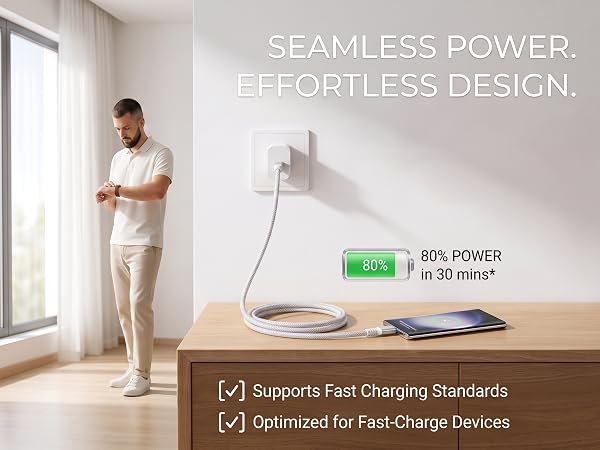 Braided fast charging cable delivers 80% power to smartphones in 30 mins.
