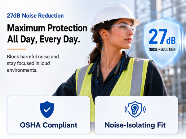 A woman wearing HomeSpot Neckband with 27dB NRR