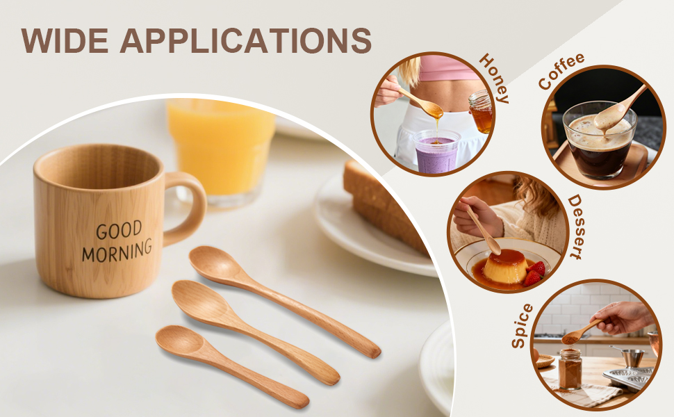 Wooden spoons for stirring coffee, serving honey, portioning desserts, and grinding spices.
