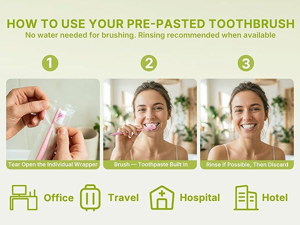 How to use: open wrapper, brush with built-in toothpaste, rinse if possible, discard