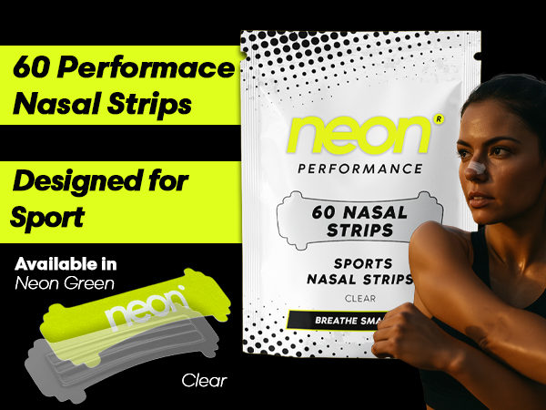 Text reads 'Nasal Strips', '60 Performance', 'Designed for Sport', 'Available in Neon Green'. Product marketing images showing athletic nasal strips.
