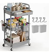 LLMRR 3 Tier Rolling Utility Cart with Drawer, Plastic Storage Organizer Rolling Carts with Wheel...